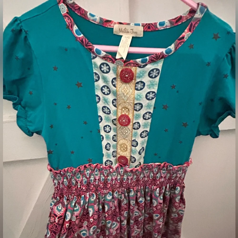 Matilda Jane Teal, Coral, & Yellow Smocked Sundress with Puff Cap Sleeves- Sz 8 - Picture 6 of 16